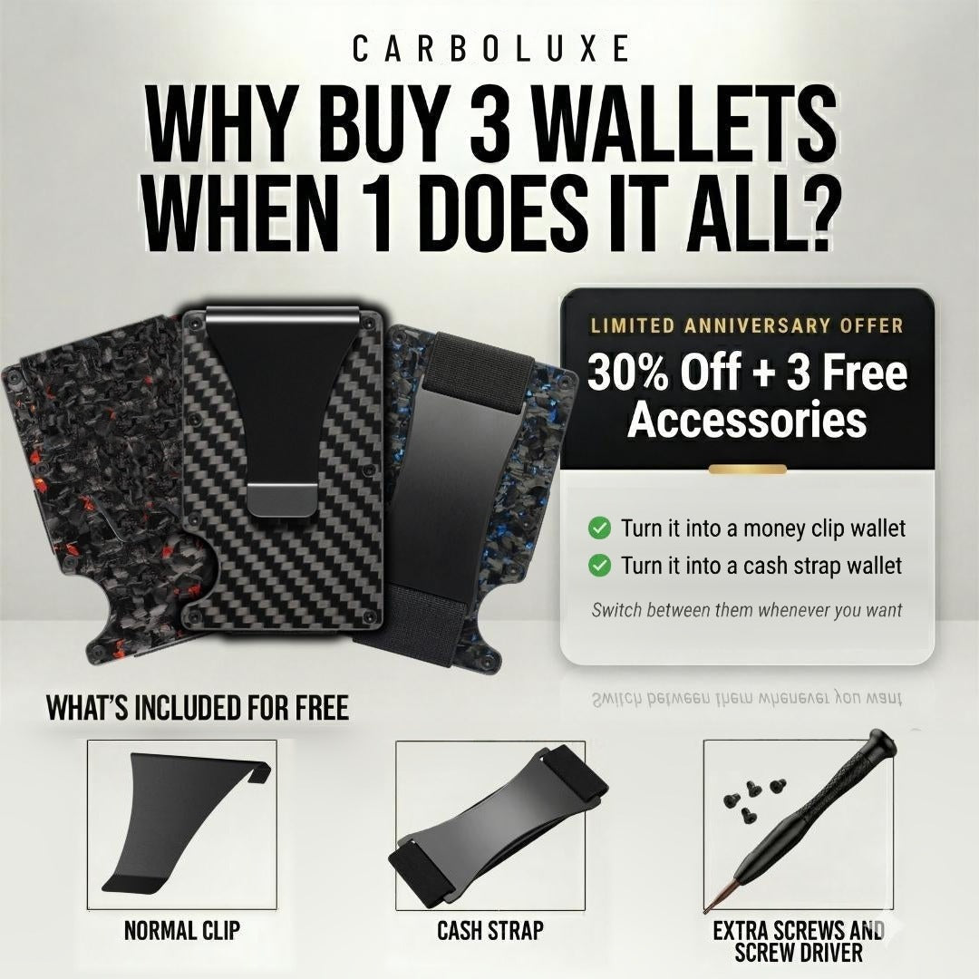 Carboluxe carbon fiber wallet kit offer: 30% off plus 3 free accessories