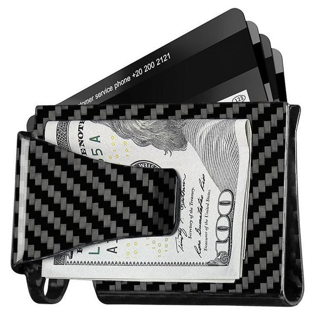 Carboluxe carbon fiber slim wallet holding cards and cash