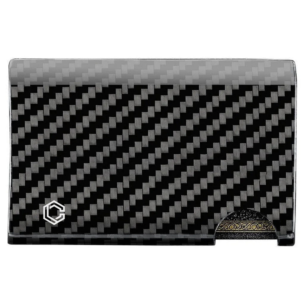 Front of the Carboluxe carbon fiber slim wallet with thumb slot