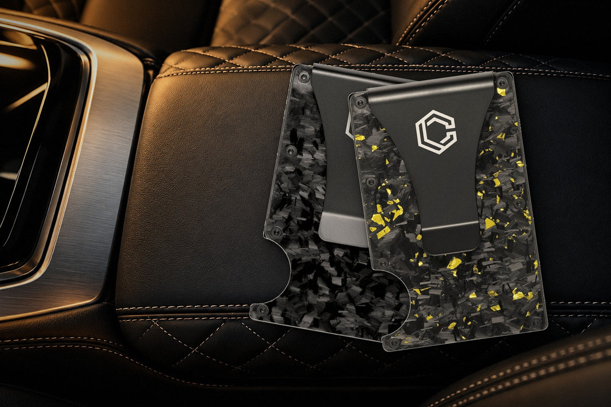 Carboluxe forged carbon wallets in a luxury car