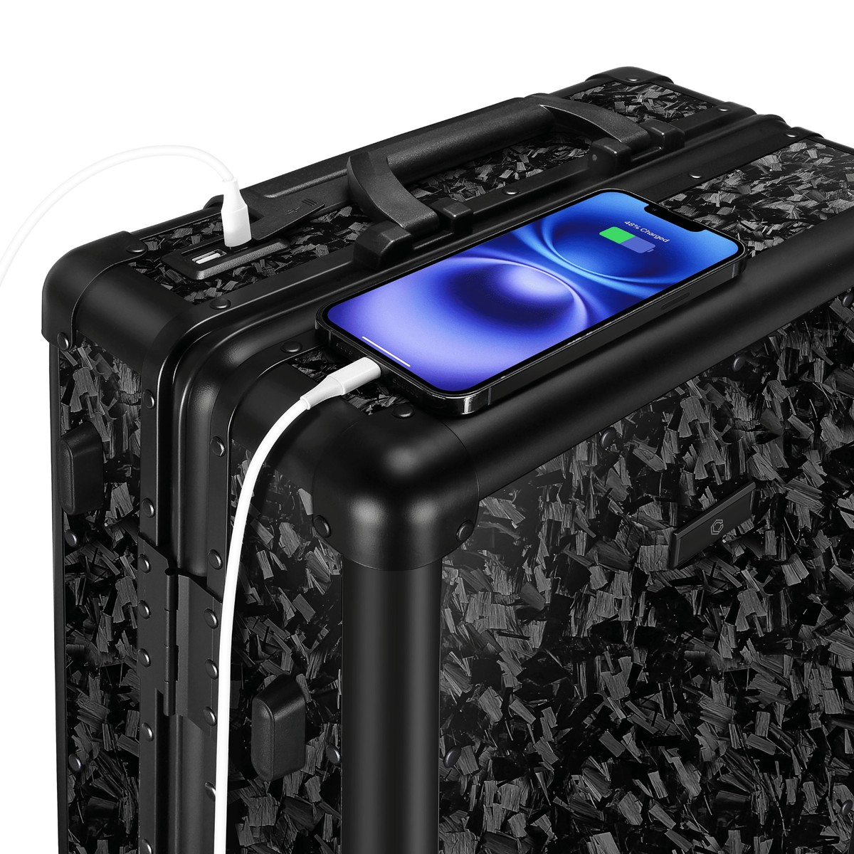 Carboluxe forged carbon fiber carry-on luggage with built-in charging port