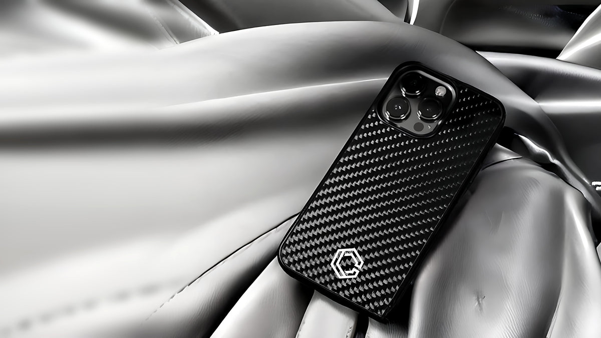 Carboluxe carbon fiber case on a leather car seat