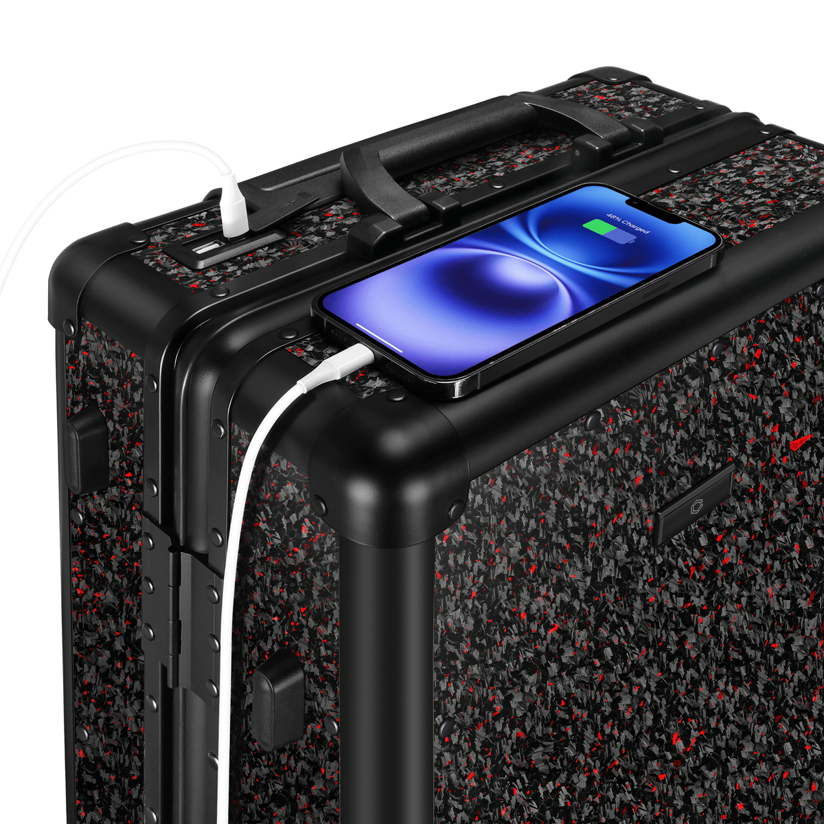 Carboluxe red flake forged carbon fiber carry-on luggage with built-in charging port