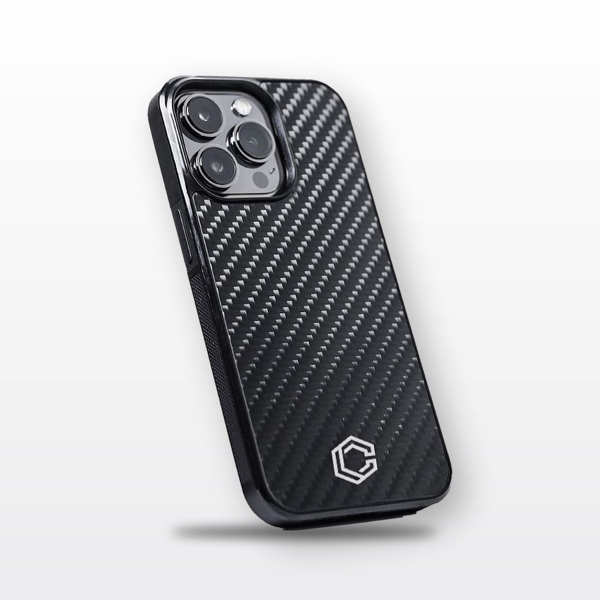 Carboluxe carbon fiber iPhone case, angled view on white
