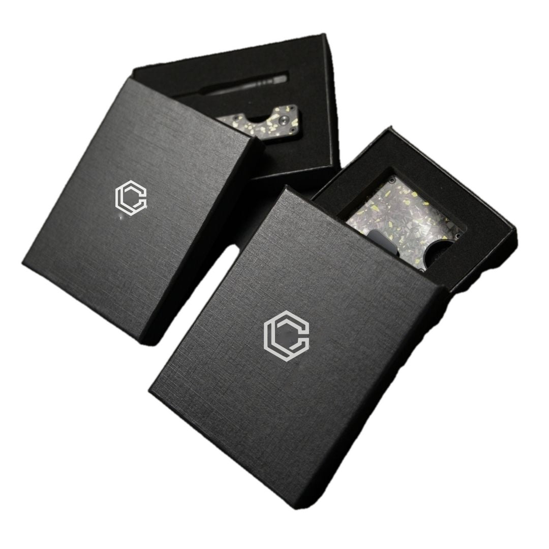Carboluxe carbon fiber wallets in Carboluxe gift boxes