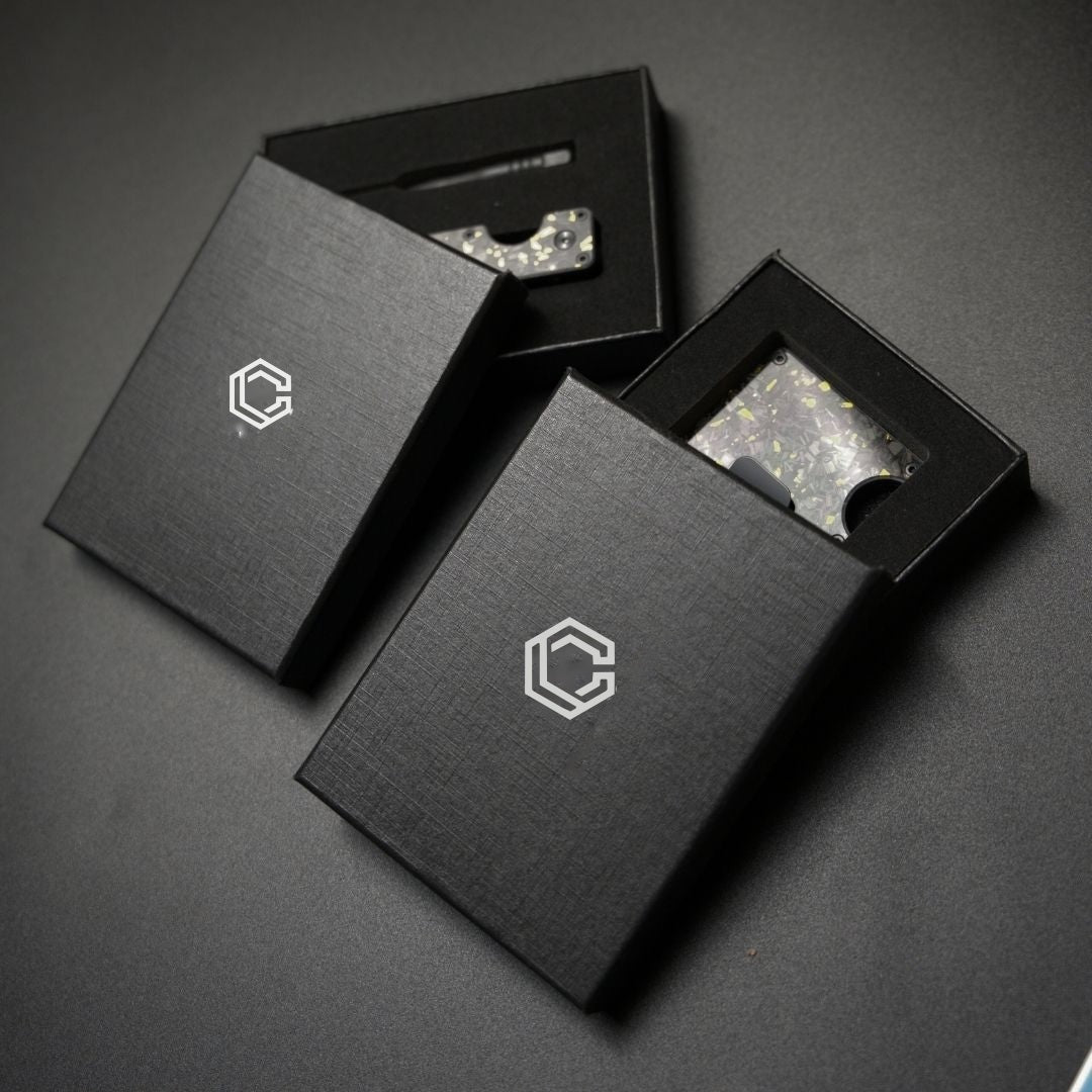 Carboluxe forged green carbon fiber wallet in a Carboluxe gift box
