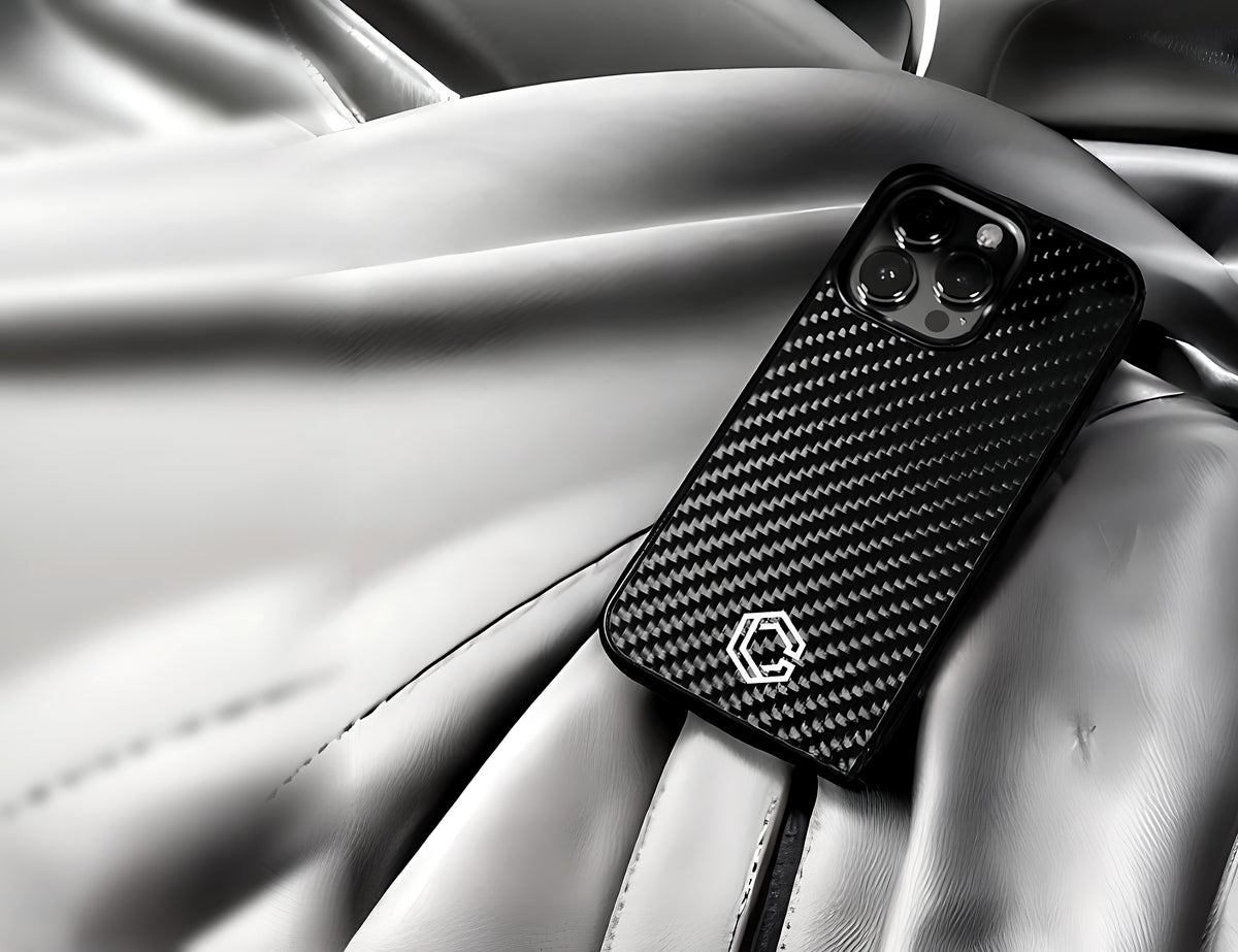 Carboluxe carbon fiber case on a leather car seat