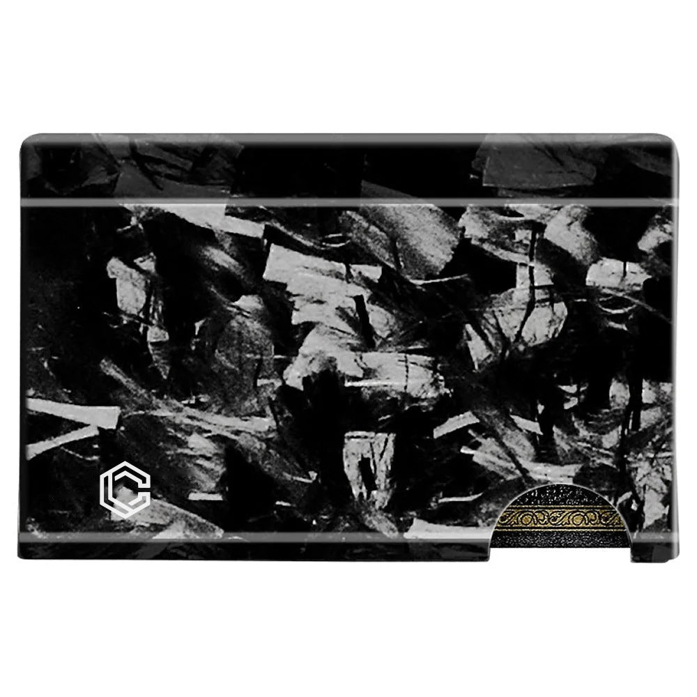 Front of the Carboluxe forged carbon fiber slim wallet with thumb slot