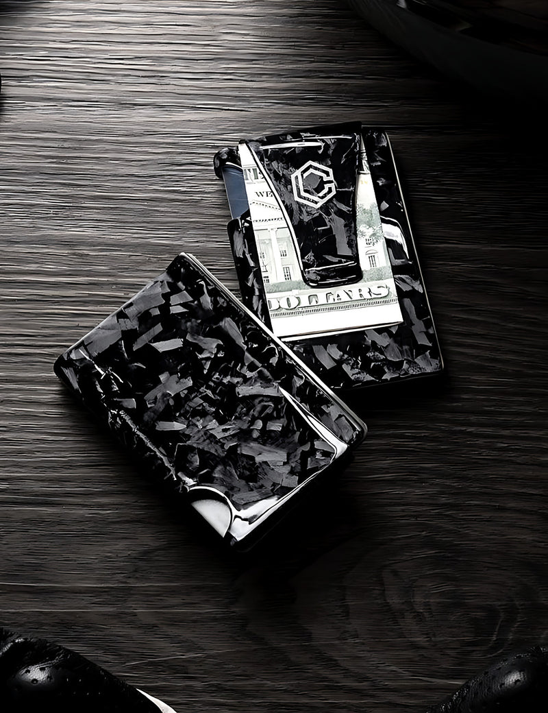 Carboluxe forged carbon wallets on wood