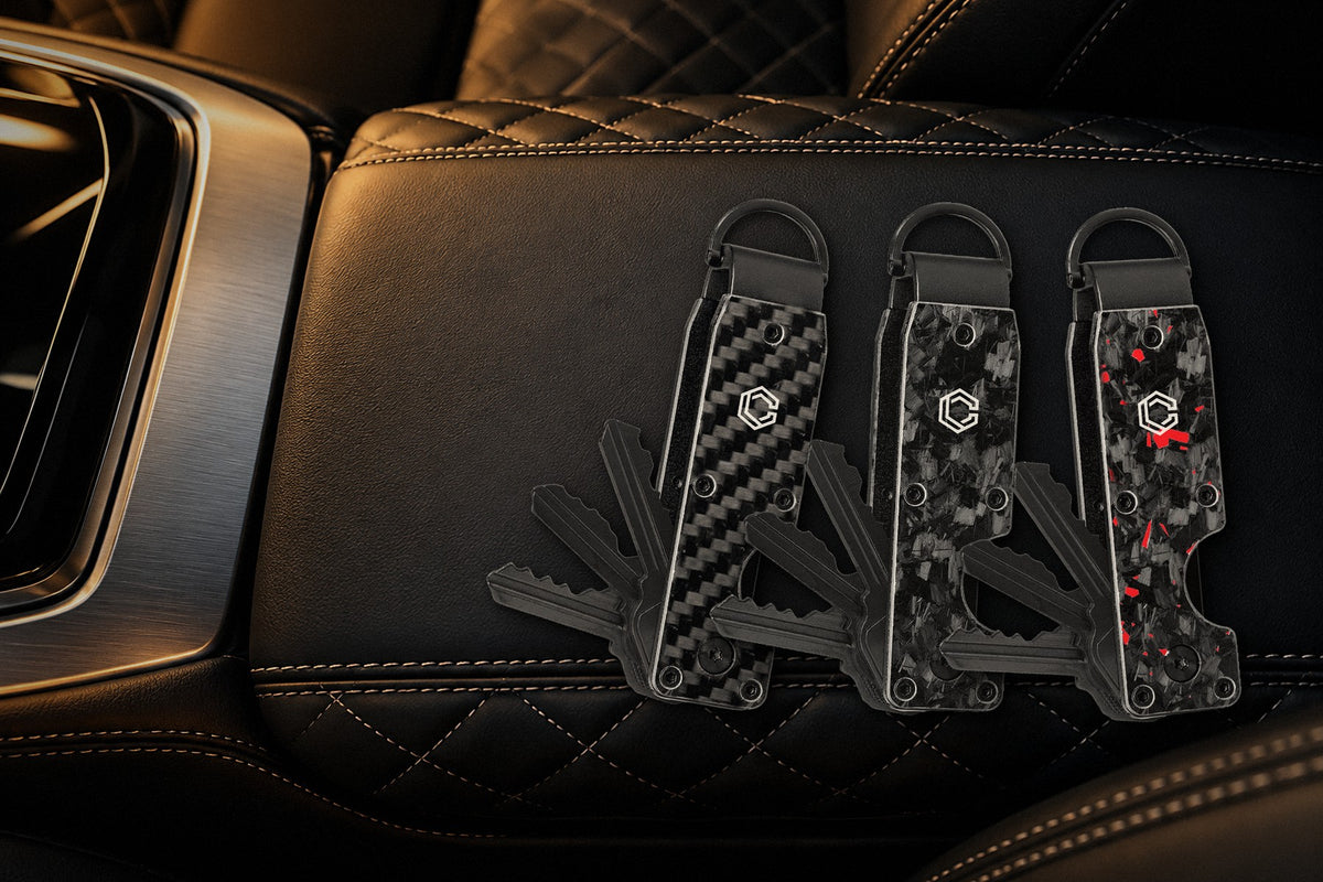 Carboluxe carbon fiber key organizers in a luxury car