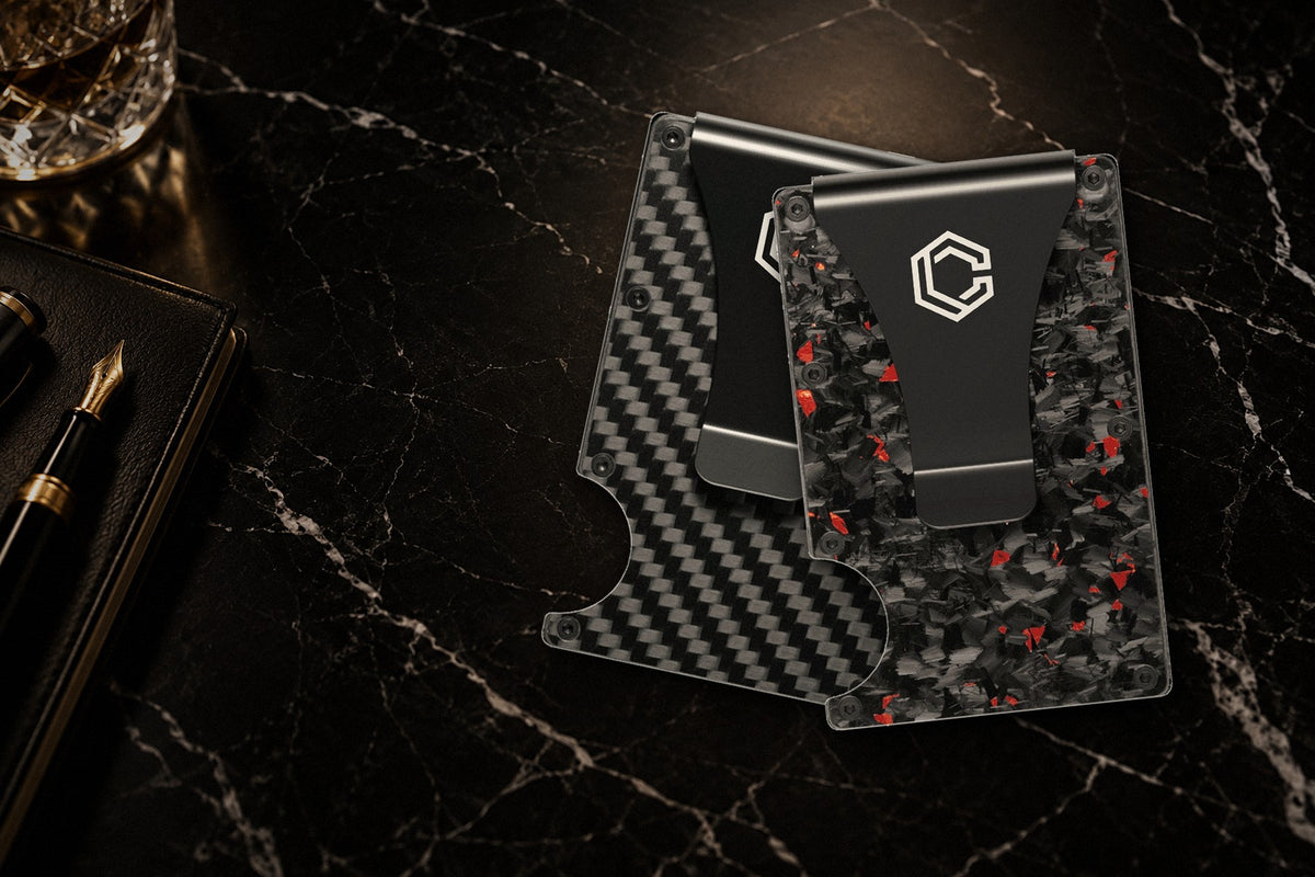 Carboluxe carbon fiber wallets on marble