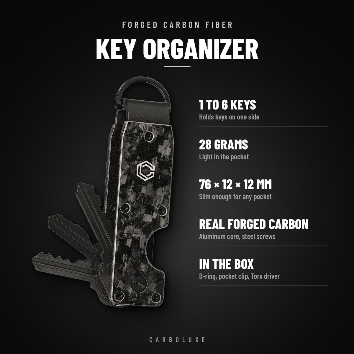 Carboluxe forged carbon key organizer specifications