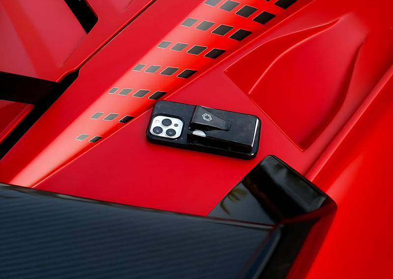 Carboluxe forged carbon case on a red car