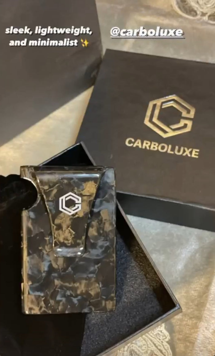Carboluxe forged carbon wallet unboxed from its gift box