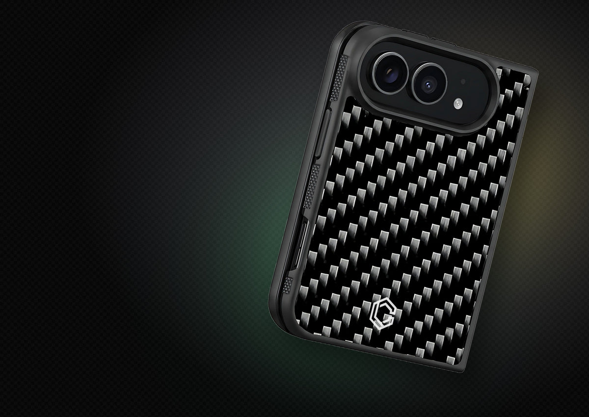 Carboluxe carbon fiber case for iPhone 18 on a dark carbon backdrop